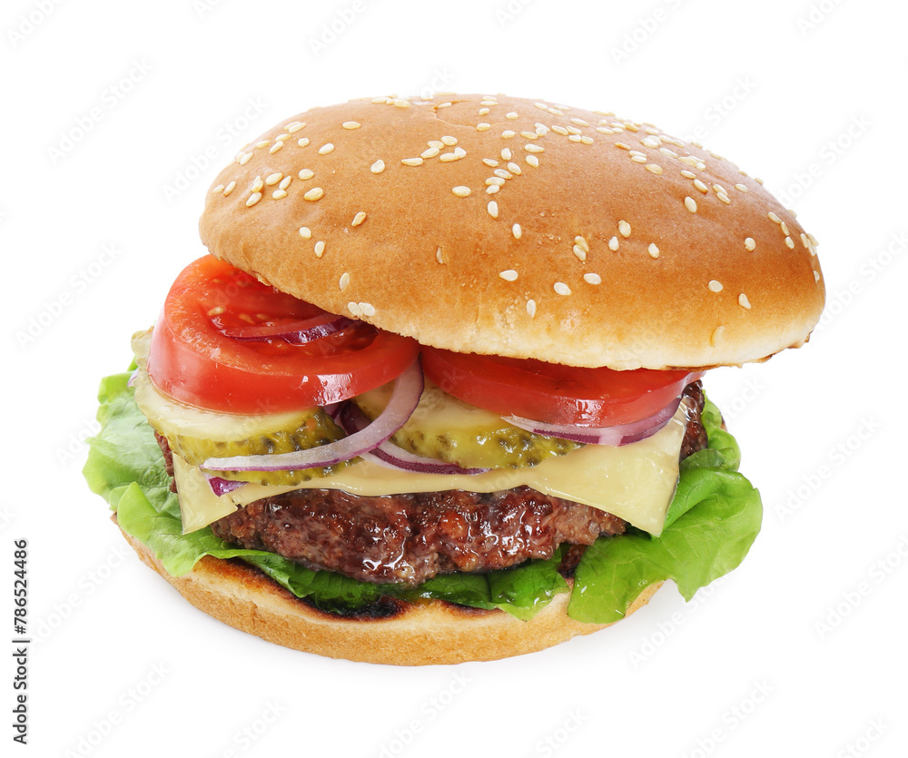 Burger with delicious patty isolated on white Burger with delicious patty isolated on white
