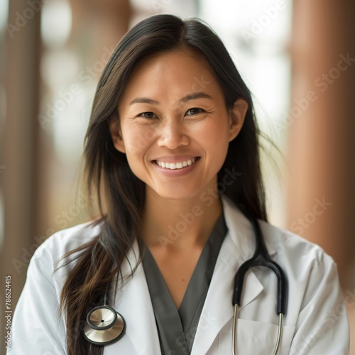 Radiant Asian female doctor with a friendly smile, in a modern clinic setting.