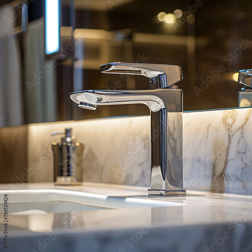 white luxury bathroom design marble counter and silver  faucet on the  wash sink  of luxury apartment with a lof ot light from the clear glass windows neutral color  whit black and brown  stone theme