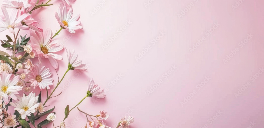 Pink flowers on pink background. Flat lay, top view, copy space. Mother's day background. Pink flowers on pink background. Flat lay, top view, copy space. Mother's day background.