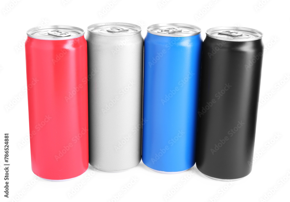 Energy drinks in colorful cans isolated on white Energy drinks in colorful cans isolated on white
