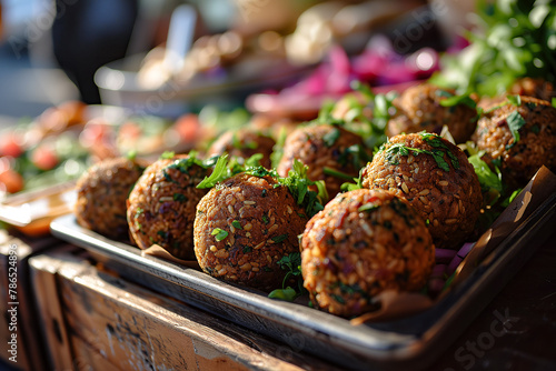 Falafel balls display on the market vegan diet healthy eating with other vegetables
