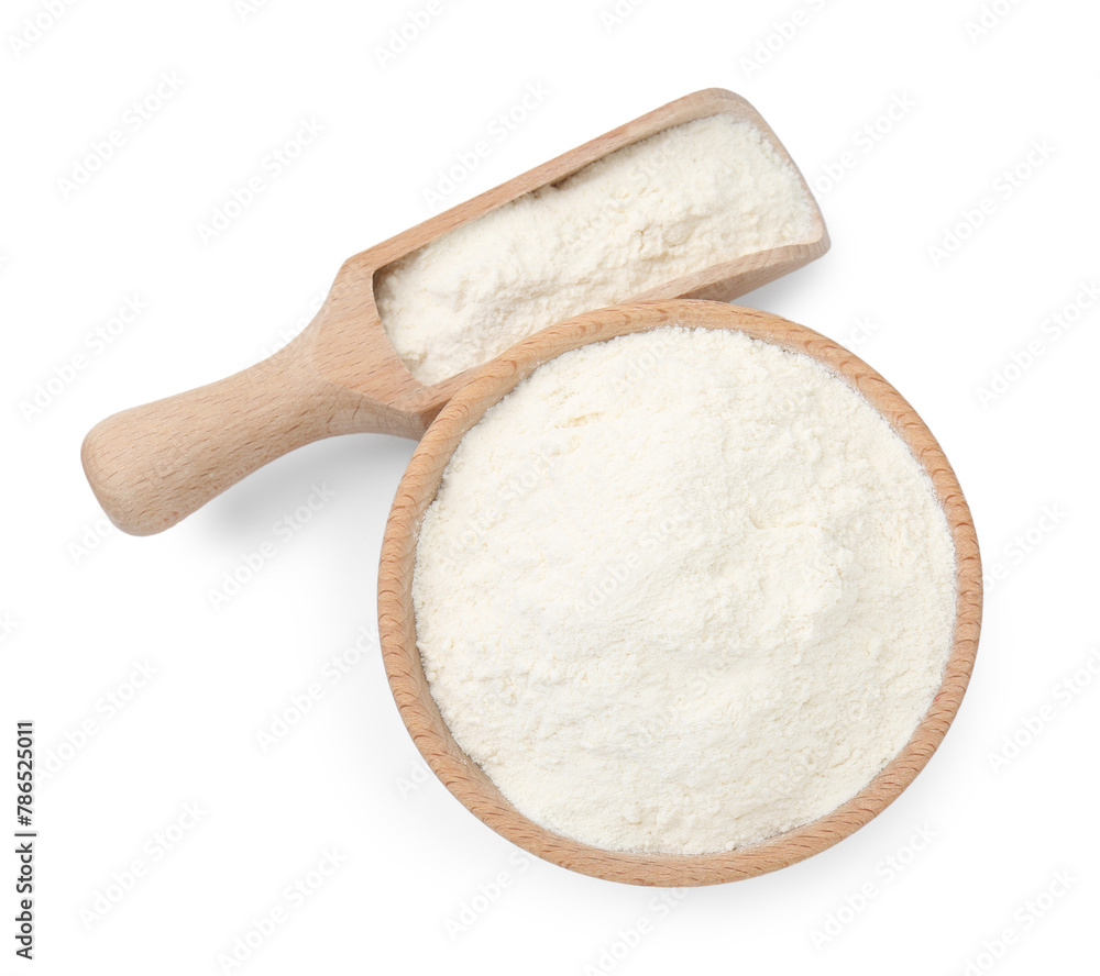 Baking powder in bowl and scoop isolated on white, top view Baking powder in bowl and scoop isolated on white, top view