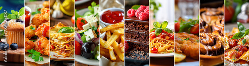 Food background collection meals collage panorama with salad lasagne spaghetti french fries muffin and cake