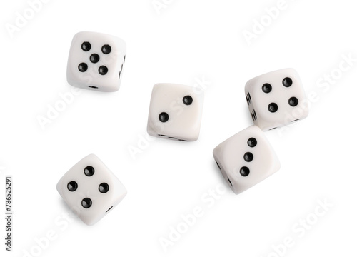 Many dices isolated on white, top view. Game cubes