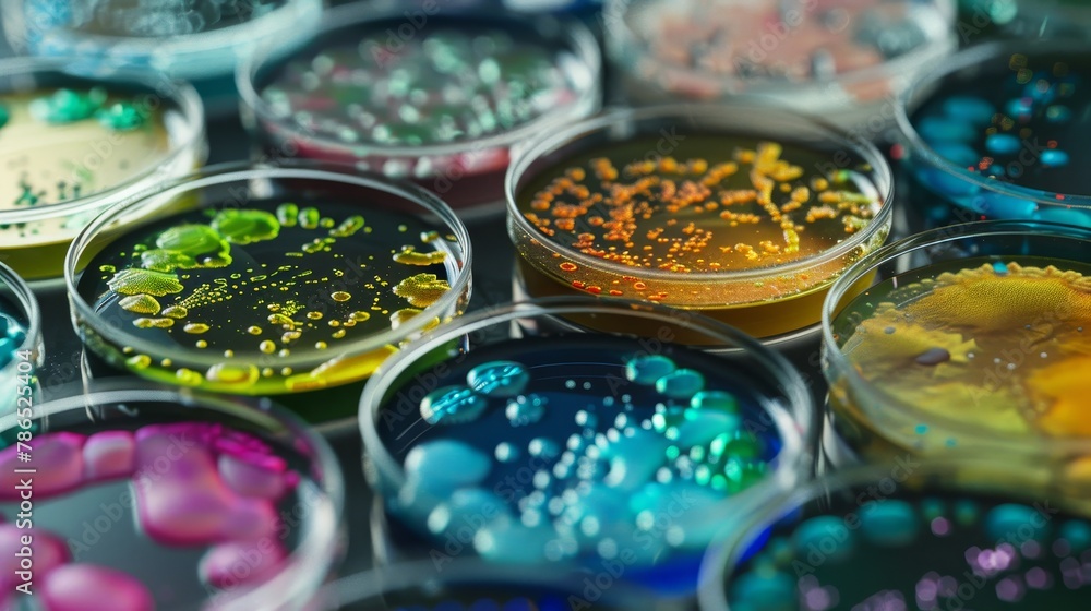 Close-up of various petri dishes containing colorful bacterial cultures, illustrating the diversity of microbial life and scientific analysis. Close-up of various petri dishes containing colorful bacterial cultures, illustrating the diversity of microbial life and scientific analysis.