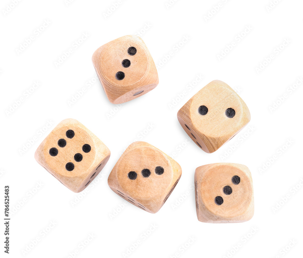 Many wooden game dices isolated on white, top view Many wooden game dices isolated on white, top view