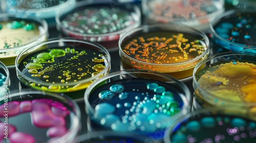 Close-up of various petri dishes containing colorful bacterial cultures, illustrating the diversity of microbial life and scientific analysis.