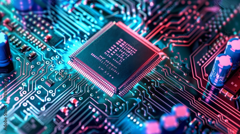 Close-up of a microchip on a circuit board, featuring intricate details and blue neon lights, symbolizing high-tech and computing power. Close-up of a microchip on a circuit board, featuring intricate details and blue neon lights, symbolizing high-tech and computing power.