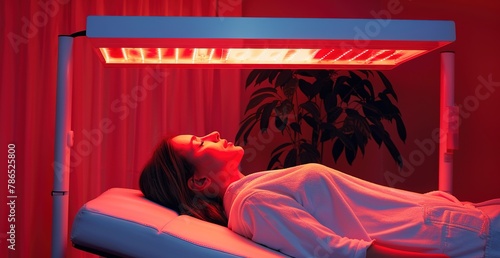 Revitalizing light therapy session: close-up of a person undergoing a rejuvenating red light treatment photo