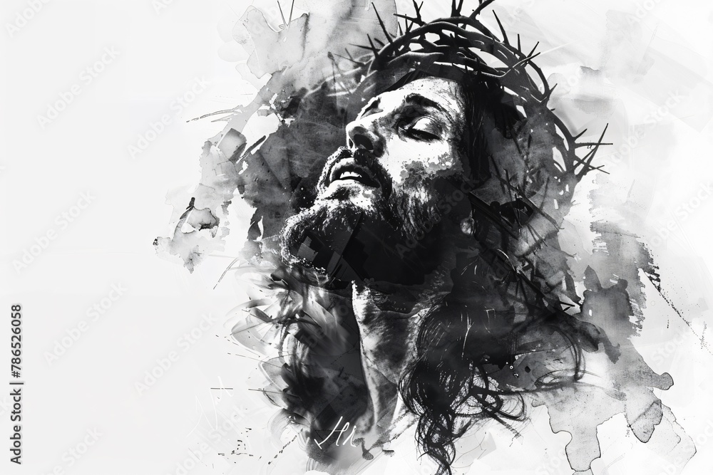 Fototapeta premium Jesus Christ rendered in black and white a stark digital watercolor painting on a pristine white background