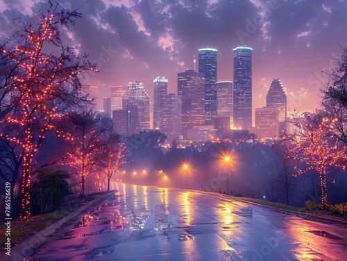 Houston city skyline at dusk, urban lights meet Texan skies photo