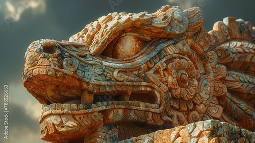Kukulkan serpent deity carved into the stones of ancient temples photo