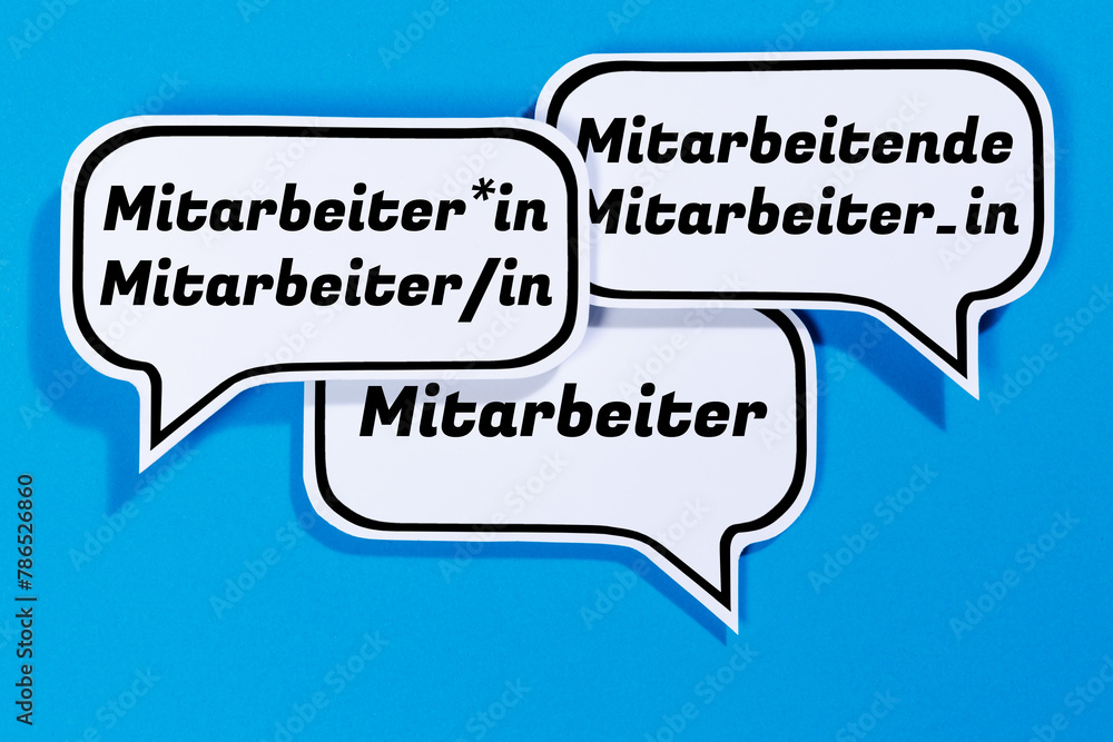 Gendern am Beispiel Mitarbeiter Mitarbeiter*in mit Gendersternchen als Symbol für gendergerechte Sprache in Sprechblasen Kommunikation Konzept reden Gendern am Beispiel Mitarbeiter Mitarbeiter*in mit Gendersternchen als Symbol für gendergerechte Sprache in Sprechblasen Kommunikation Konzept reden