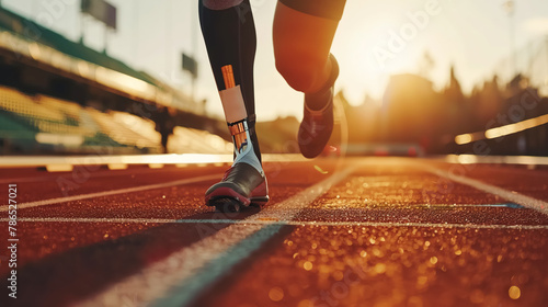 A disabled track and field athlete with prosthetic legs on treadmill against backdrop of sunlight, movement and perseverance, determination to win. Paralympic sports games, competitions, Olympics