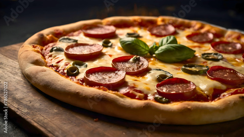 A medium pizza, with a nice melting cheese, while it has slices of salami on top, providing a truly phenomenal taste.