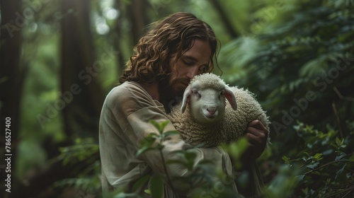 Jesus with a Lamb A symbolic portrayal of Jesus as the Good Shepherd holding a lamb gently in his arms Peaceful and comforting atmosphere photo