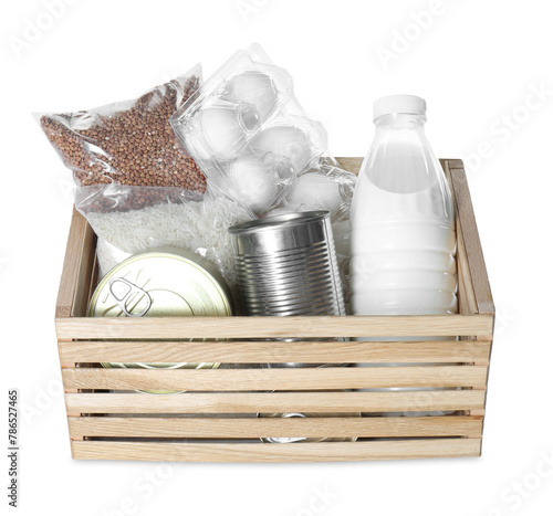 Donation box with food products isolated on white