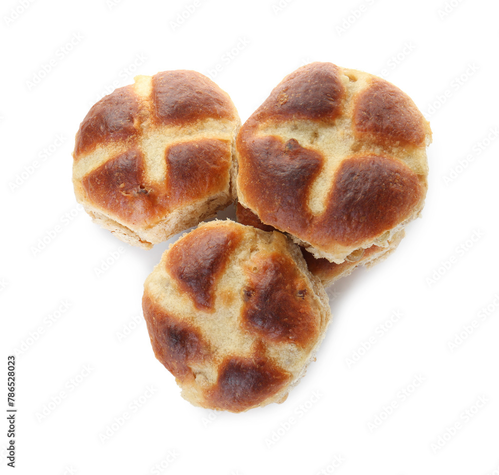 Tasty hot cross buns isolated on white, top view