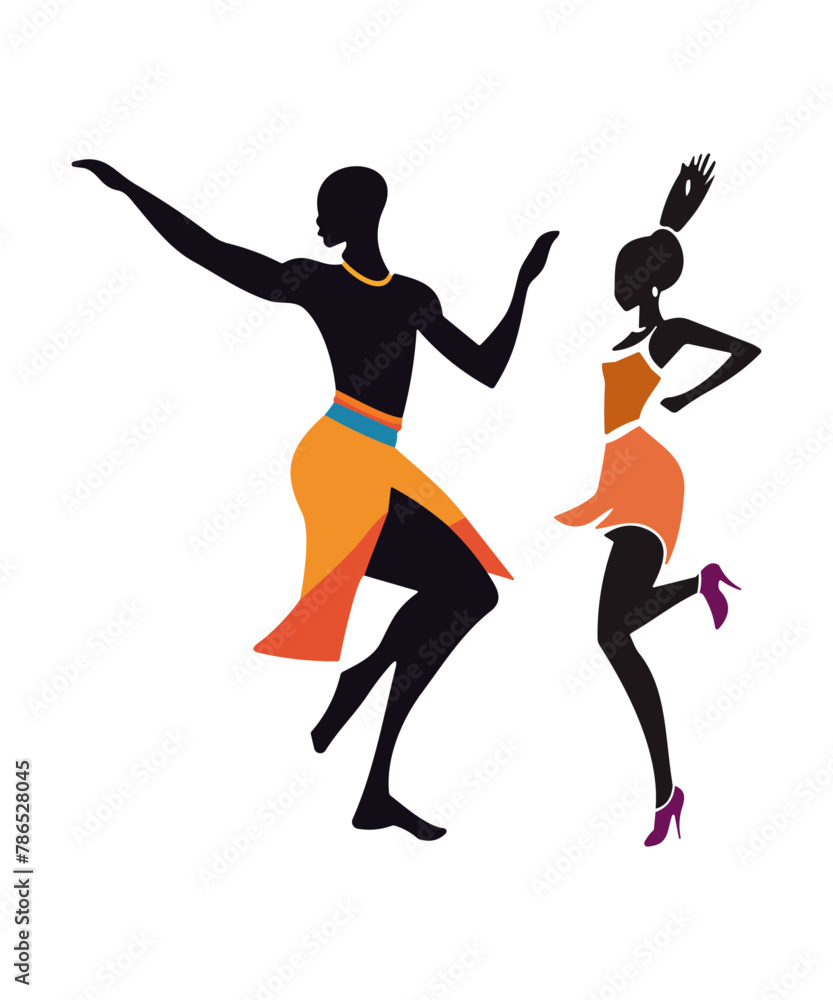Silhouettes of black African women dancing on the go an ethnic dance, vector design featuring the culture of Africa.