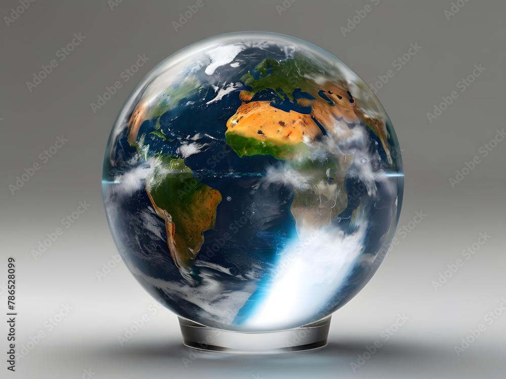 A realistic globe on a stand displaying a detailed and luminous Earth, representing global unity and environmental awareness.