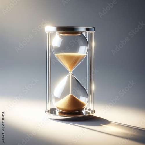 Hourglass illuminated by light on a clean background.