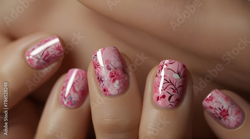 Closeup nail art with feminine charm  floral designs  vibrant pink shades  glossy finish  joyful vibe.generative.ai