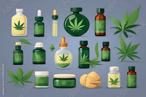 Marijuana plant and cannabis oil. Medical marijuana. Hemp oil in a glass jar. CBD oil hemp products. Oil glass bottle mock up. Isolated vector illustration