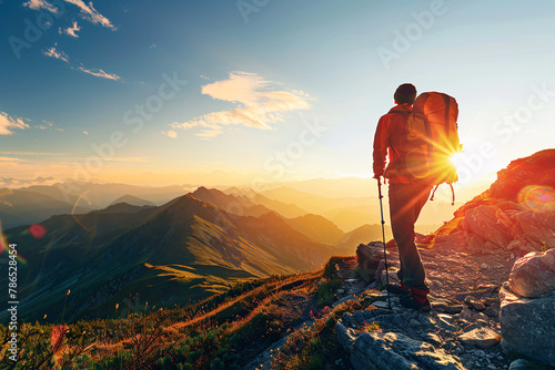 A hiker stands on a mountain peak, watching the sunset over the surrounding landscape The scene captures the beauty of nature and the adventurous spirit of outdoor exploration