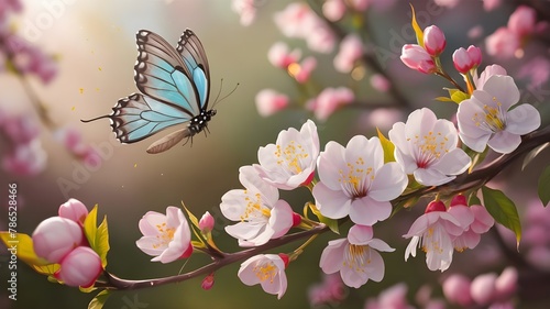 butterfly on pink cherry blossom in spring