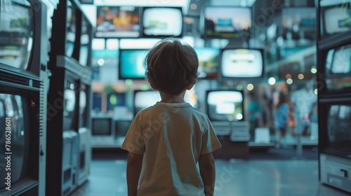child sitting too close to a large television screen, engrossed in content, illustrating the sedentary lifestyle and potential addiction to technology and media among todays youth. photo