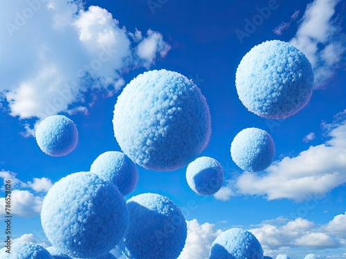 a blue sky with several blue balls strewn all over it. The balls are round and fluffy  and the sky is clear and brilliant. There is a sense of peace and tranquility about the environment.