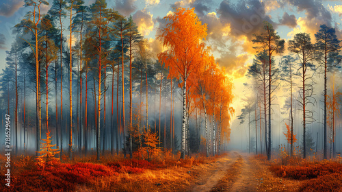 A forest with trees in the foreground and background