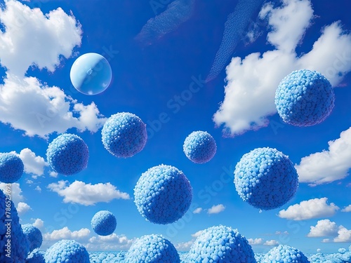 a blue sky with several blue balls strewn all over it. The balls are round and fluffy, and the sky is clear and brilliant. There is a sense of peace and tranquility about the environment.