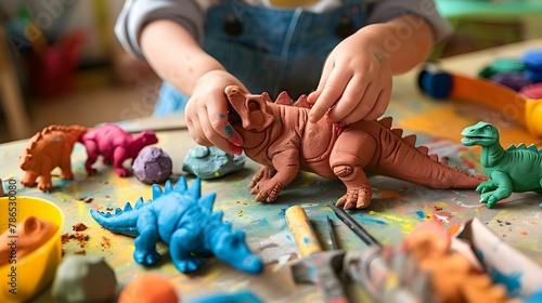 A child s hands are engaged in play  arranging an assortment of bright dinosaur figurines and playdough on a table.