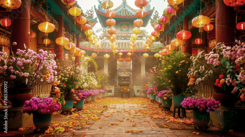 Enchanting photograph capturing a temple adorned with vibrant lanterns, flowers, and flags in honor of Vesak, radiating a sense of spirituality and celebration amidst the colorful decorations.
