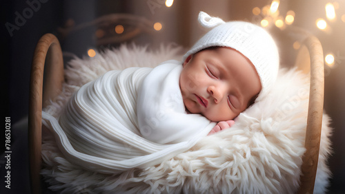 The Innocent archetype: Angelic Dreams: Pure Bliss on a Sleeping Baby's Face in White Swaddle. generative AI