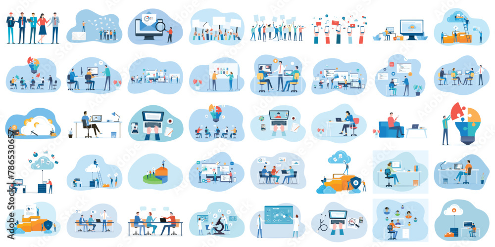 set business flat vector illustration design style concept. for graphic and web page banners. cartoon character design. team online video conference meeting. business planning. data analytics - obrazy, fototapety, plakaty 