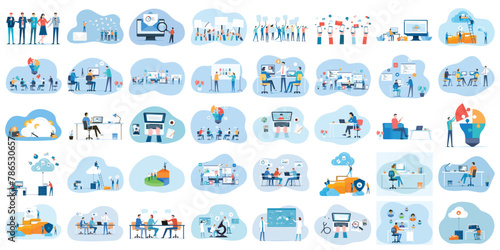 set business flat vector illustration design style concept. for graphic and web page banners. cartoon character design. team online video conference meeting. business planning. data analytics photo