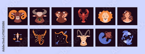 Cards with zodiac astrology signs, set of cartoon style vector illustrations