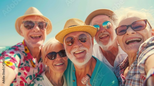 Happy group of senior people smiling at camera outdoors - Older friends taking selfie pic with smart mobile phone device - Life style concept with pensioners having fun together on summer holiday © YONG