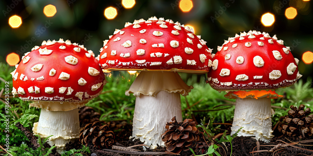 Three red mushrooms with white spots on them are on a bed of moss