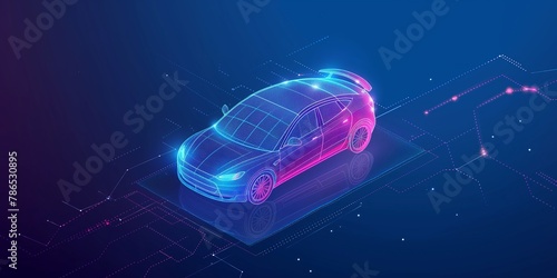 Smart car isometric hologram, in HUD style. Electric auto. Hologram car in low poly style, wireframe in line in the form of a starry sky or space. Smart auto.