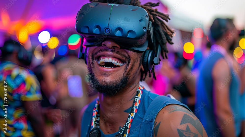 A man wearing a VR headset is smiling and laughing
