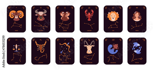 Horoscope signs vector cartoon set, twelve astrological cards with constellations, dates, signs and symbols