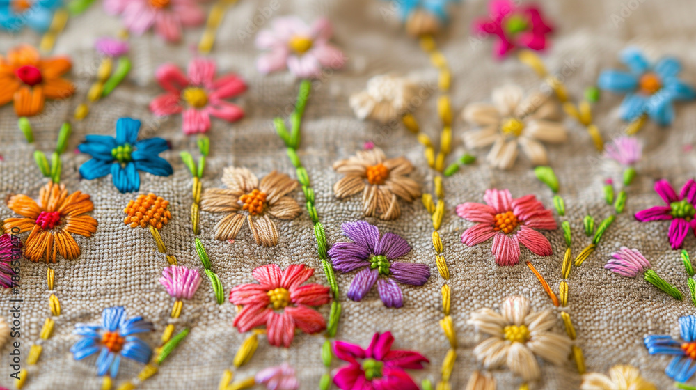 Colorful embroidered flowers on linen fabric. Colorful embroidered flowers on linen fabric.