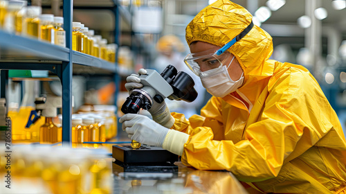 A woman in a yellow lab coat is looking through a microscope