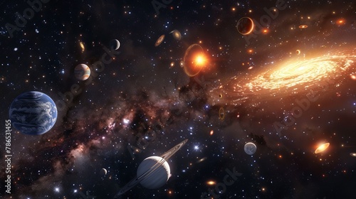 A 3D computer-generated image of outer space with planets, stars, and galaxies.