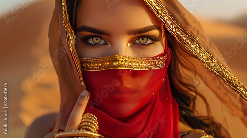A beautiful Arabian woman with a golden mask and veil covering her face. She wears gold rings and a red dress. The photo captures her in the desert, surrounded by sand dunes.
