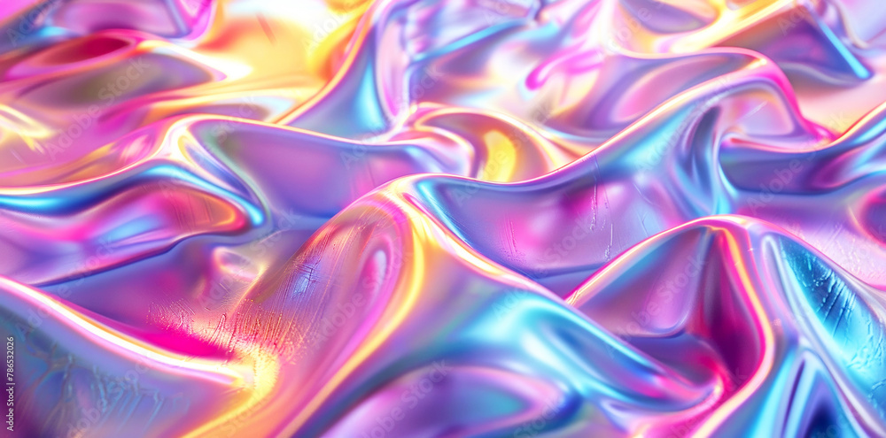 Naklejka premium 3D render of a colorful iridescent holographic background. Colorful abstract fluid liquid waves with a hologram effect, holography, a shiny wavy cloth texture.